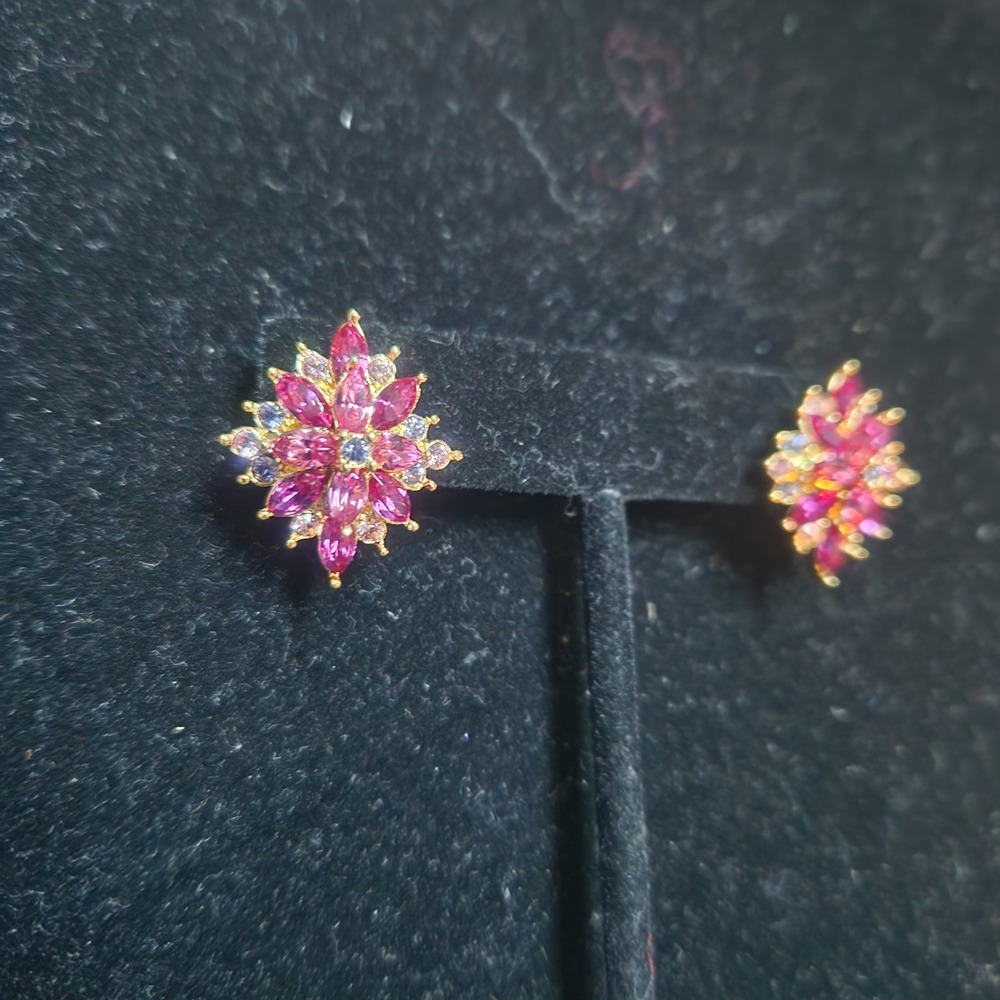 Joan Rivers Pink Rhinestone Starburst Cluster Gold Tone Stud Earrings - Picture 6 of 12
